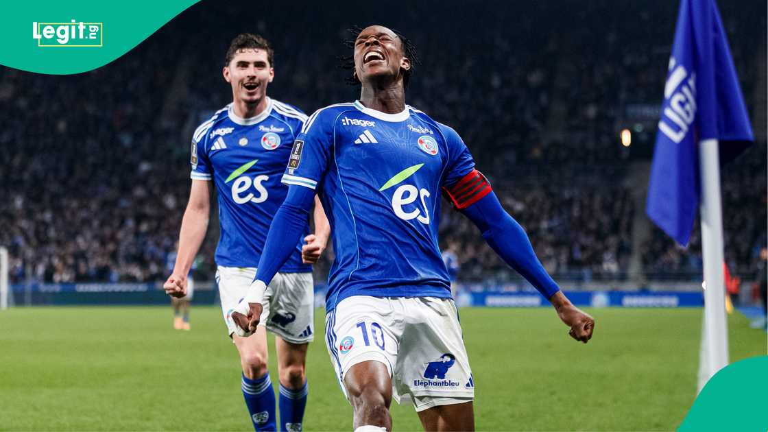 Joaquin Panichelli, Emanuel Emegha, RC Strasbourg, Ligue 1, France. Joaquin Panichelli, Emanuel Emegha, RC Strasbourg, Ligue 1, France.