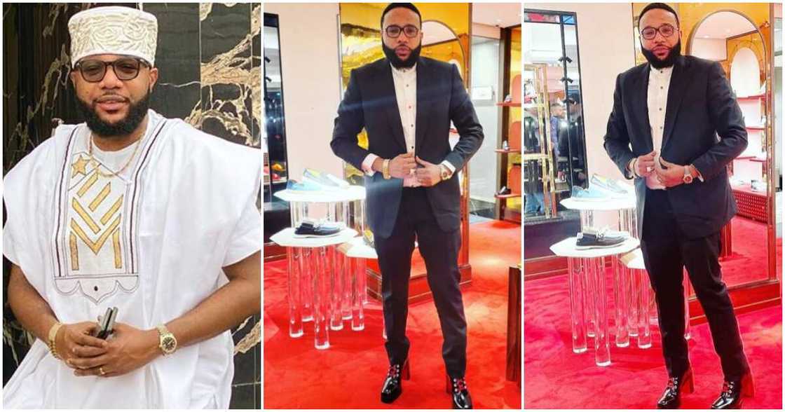E-money rocks suit and high-heel shoes