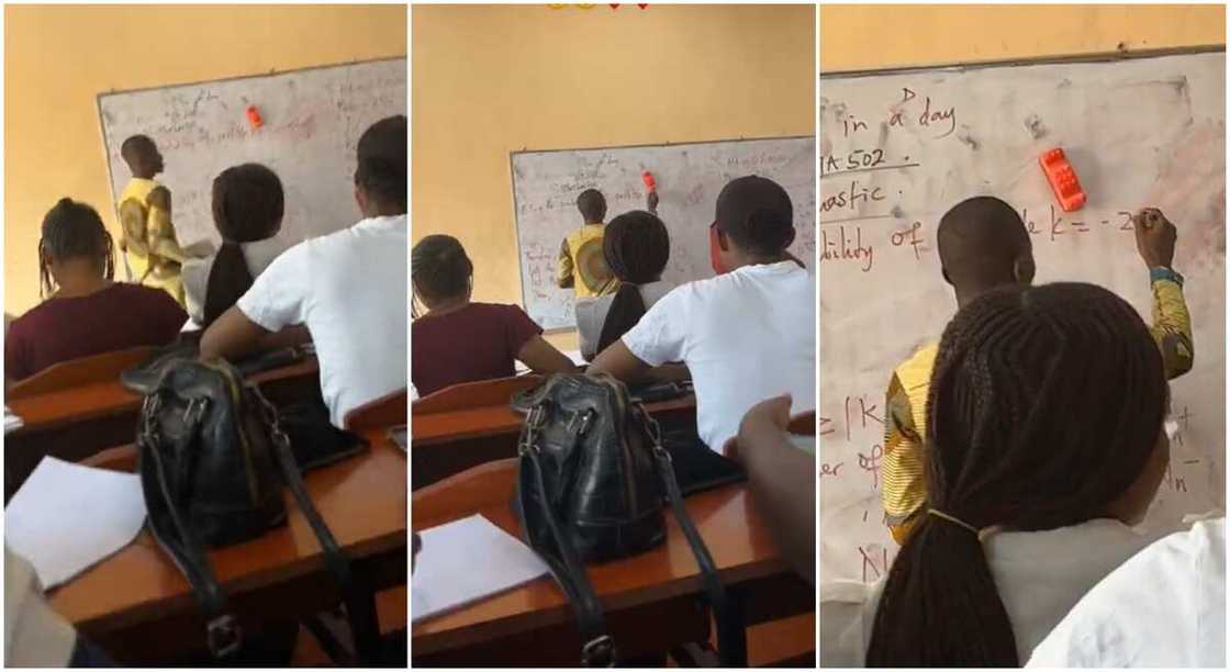 Photos of a student teaching his coursemates. Photos of a student teaching his coursemates.