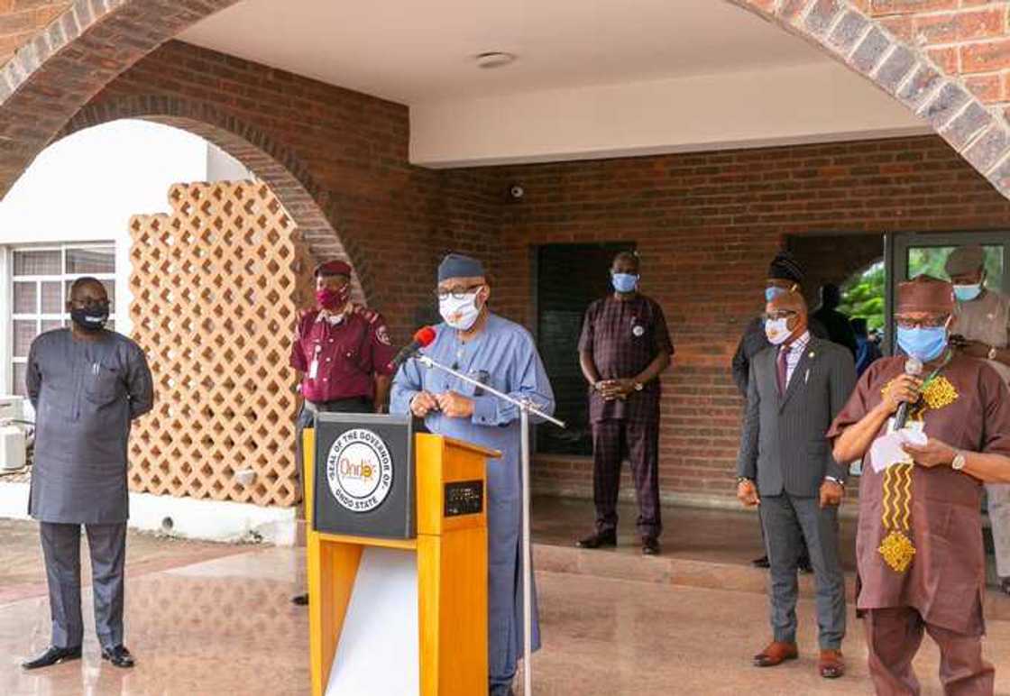 The governor of Ondo state, Rotimi Akeredolu, briefs residents of the state on his administration's efforts to contain COVID-19 The governor of Ondo state, Rotimi Akeredolu, briefs residents of the state on his administration's efforts to contain COVID-19