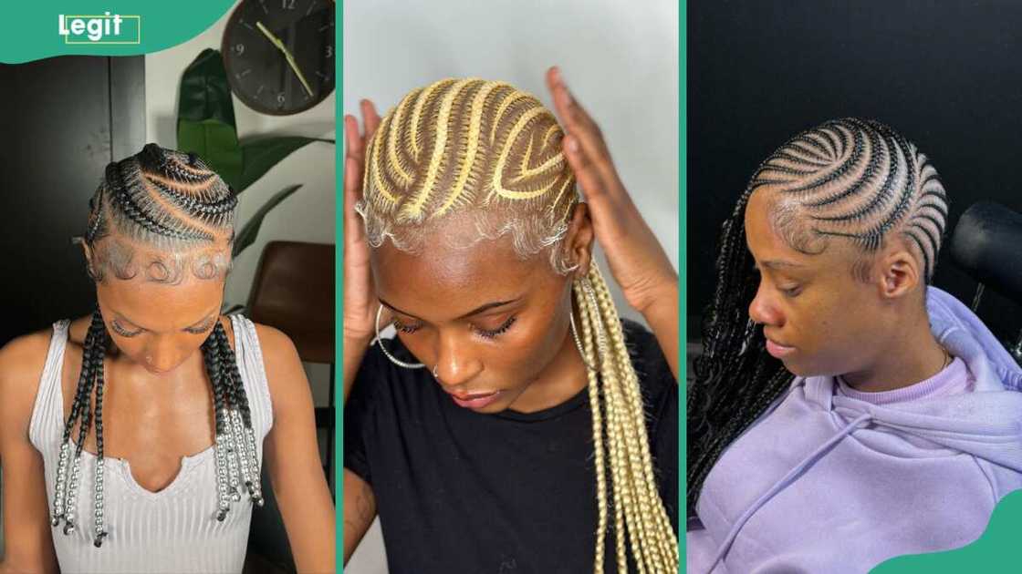 From (L-R) Stitched braids with beads, blonde stitched hair and lemonade stitched style From (L-R) Stitched braids with beads, blonde stitched hair and lemonade stitched style