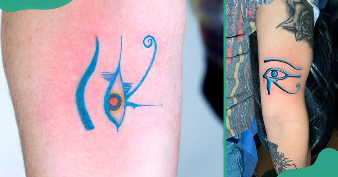 Blue ink Eye of Horus tattoos on a leg and an arm. Blue ink Eye of Horus tattoos on a leg and an arm.