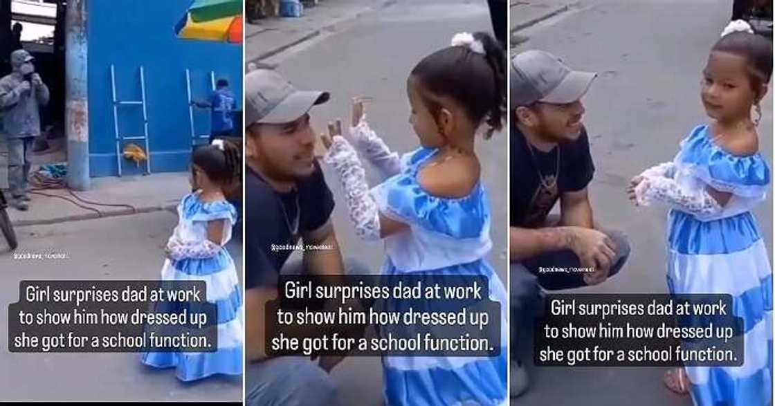 Little girl visits dad at workplace in fine dress, school event Little girl visits dad at workplace in fine dress, school event