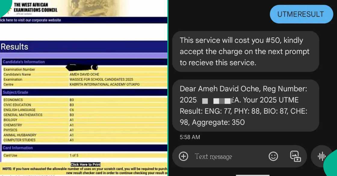 An intelligent boy who graduated as the best student in his secondary school displays his WAEC result online.