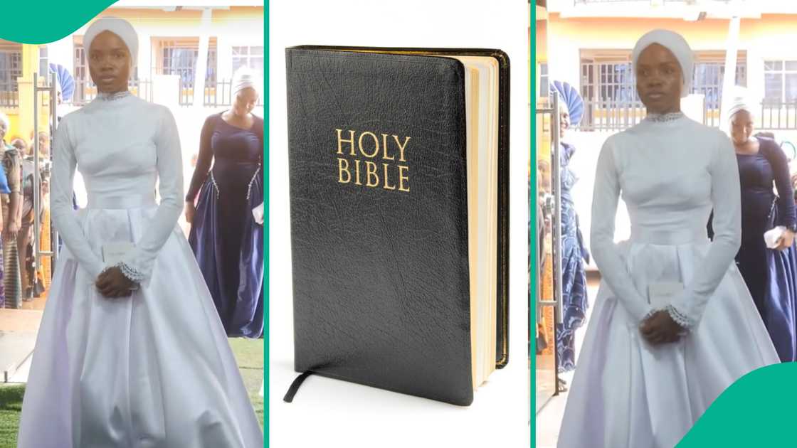 Lady holds copy of Bible while walking down the aisle. Lady holds copy of Bible while walking down the aisle.