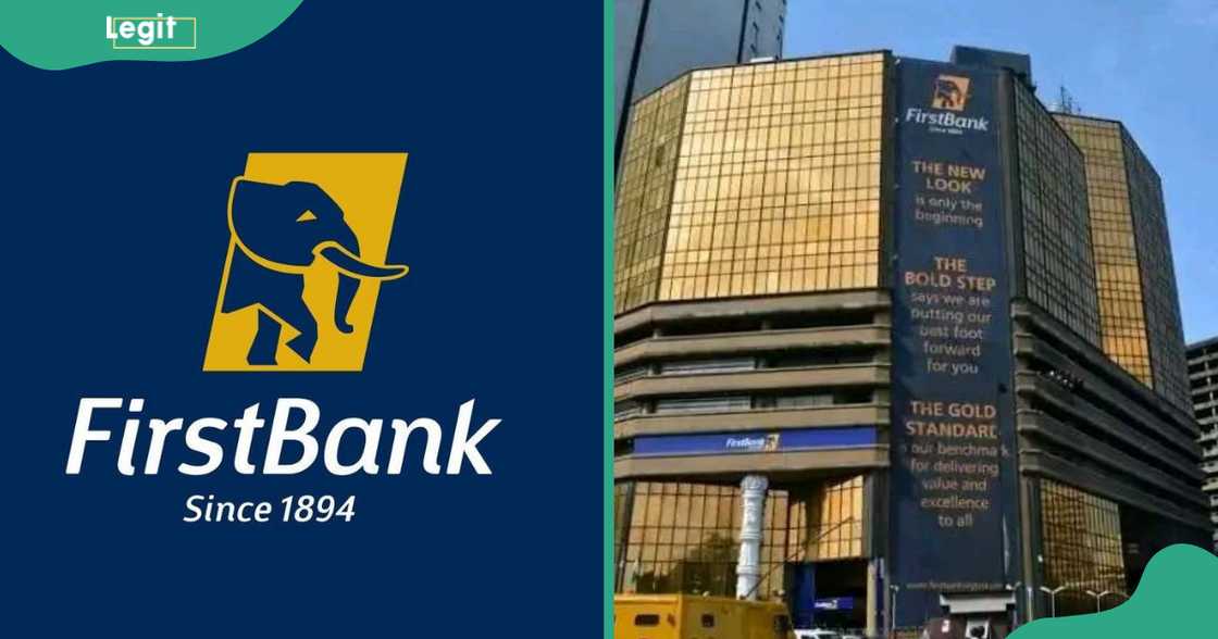 First Bank of Nigeria logo and the First Bank Head Office Building, Lagos Island, Nigeria. First Bank of Nigeria logo and the First Bank Head Office Building, Lagos Island, Nigeria.