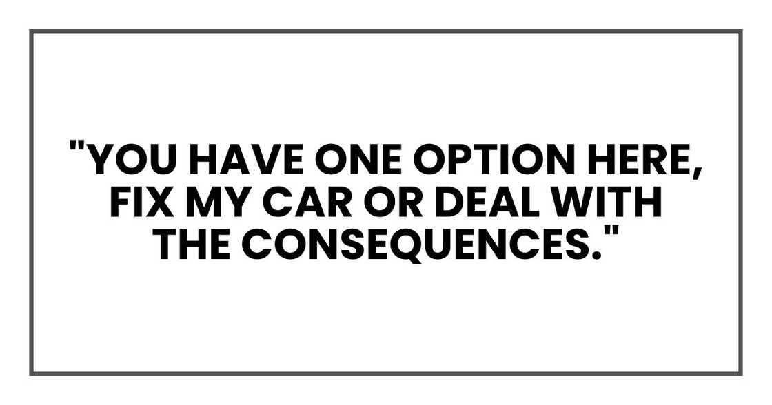 "You have one option here, Kelsey," I said. "Fix my car or deal with the consequences."