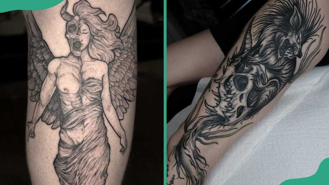 Mythical creature tattoos on the leg