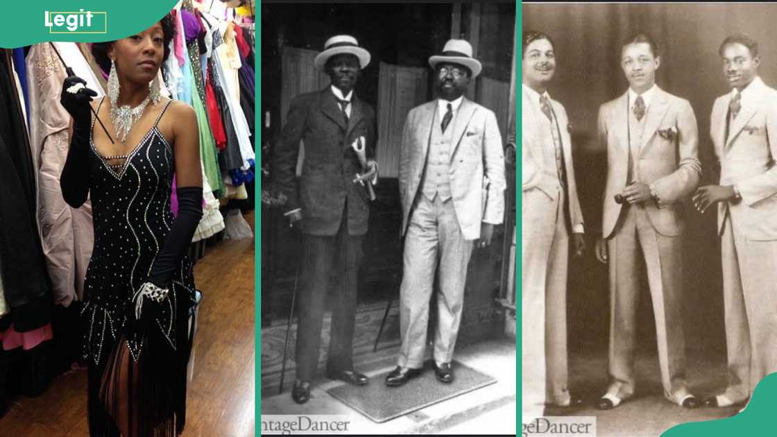 Mamie Smith-inspired 1920s black female dress; MP for Guadeloupe and Diagne (left). Photo: Meurisse Agency, Paris, 1921; and Blue Devils saxophone section: Theo Ross (L), Lester Young (C), and Buster Smith (R) in 1932. (Modified by author)