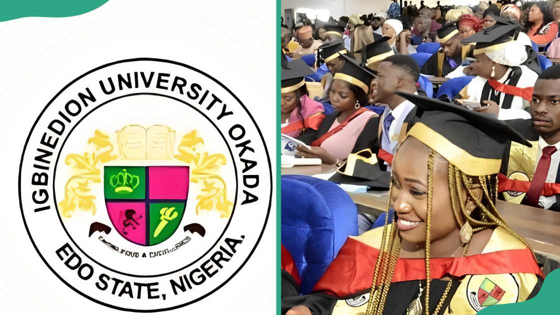 Igbinedion University logo (L), and a group of Igbinedion University students graduating (R) Igbinedion University logo (L), and a group of Igbinedion University students graduating (R)
