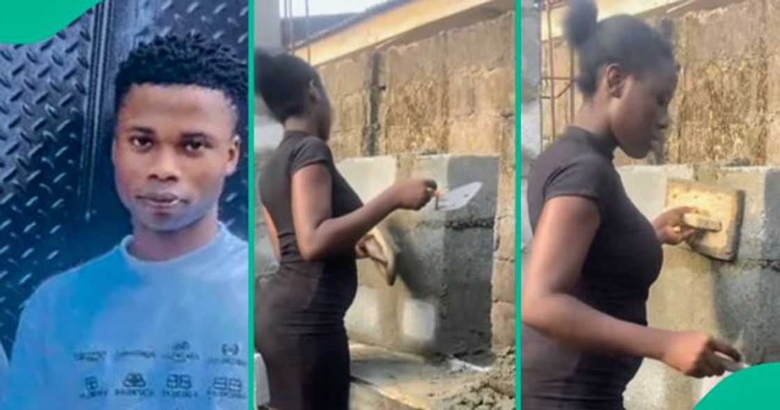 Labourer praises girlfriend as she helps him lay blocks at a construction site. Labourer praises girlfriend as she helps him lay blocks at a construction site.