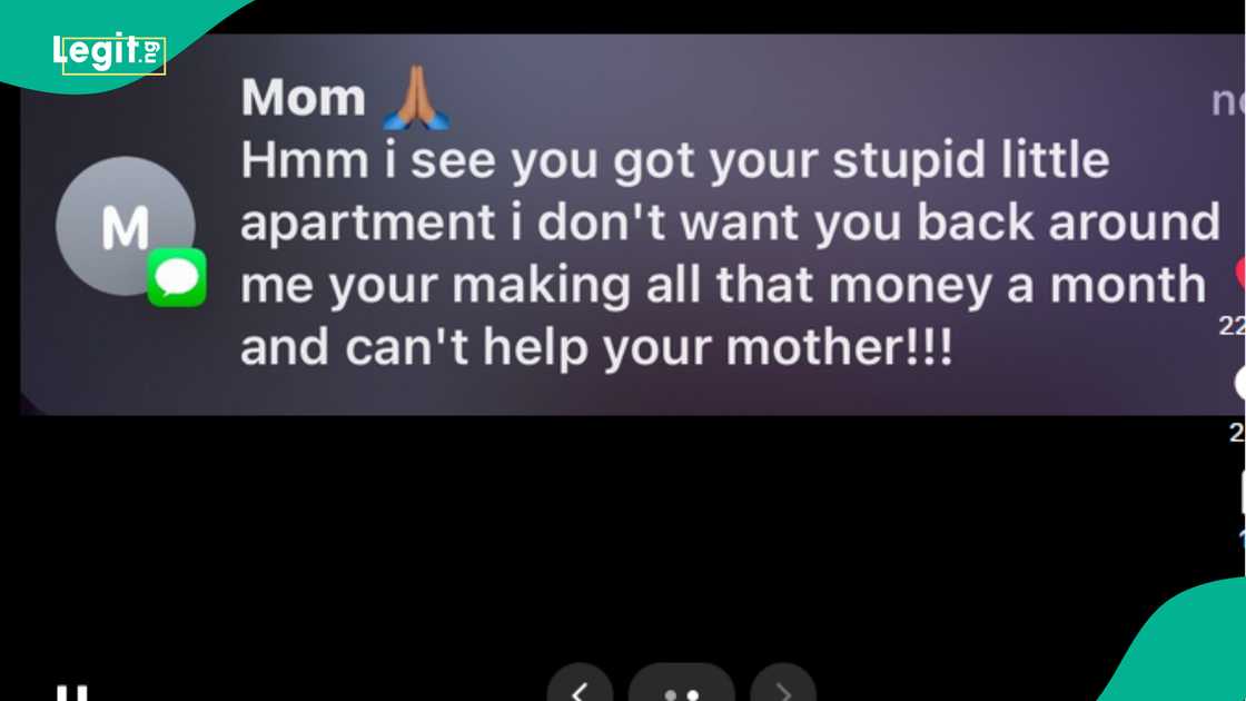 Girl shows insulting text she received from her mother after moving into new apartment at 17 Girl shows insulting text she received from her mother after moving into new apartment at 17