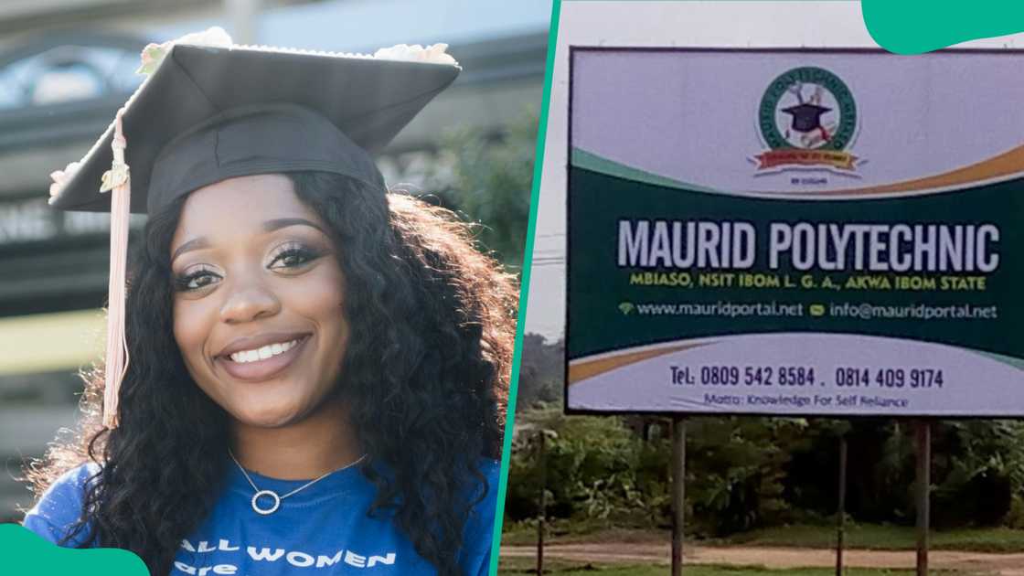 A graduating student smiling (L). Maurid Polytechnic's signpost (R)