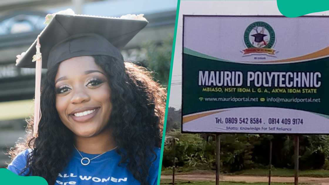 A graduating student smiling (L). Maurid Polytechnic's signpost (R) A graduating student smiling (L). Maurid Polytechnic's signpost (R)