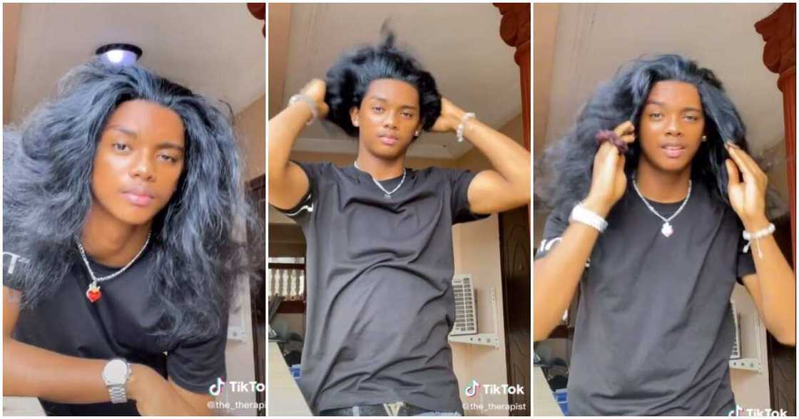 Man with long natural hair, natural hair, man shows off his long hair