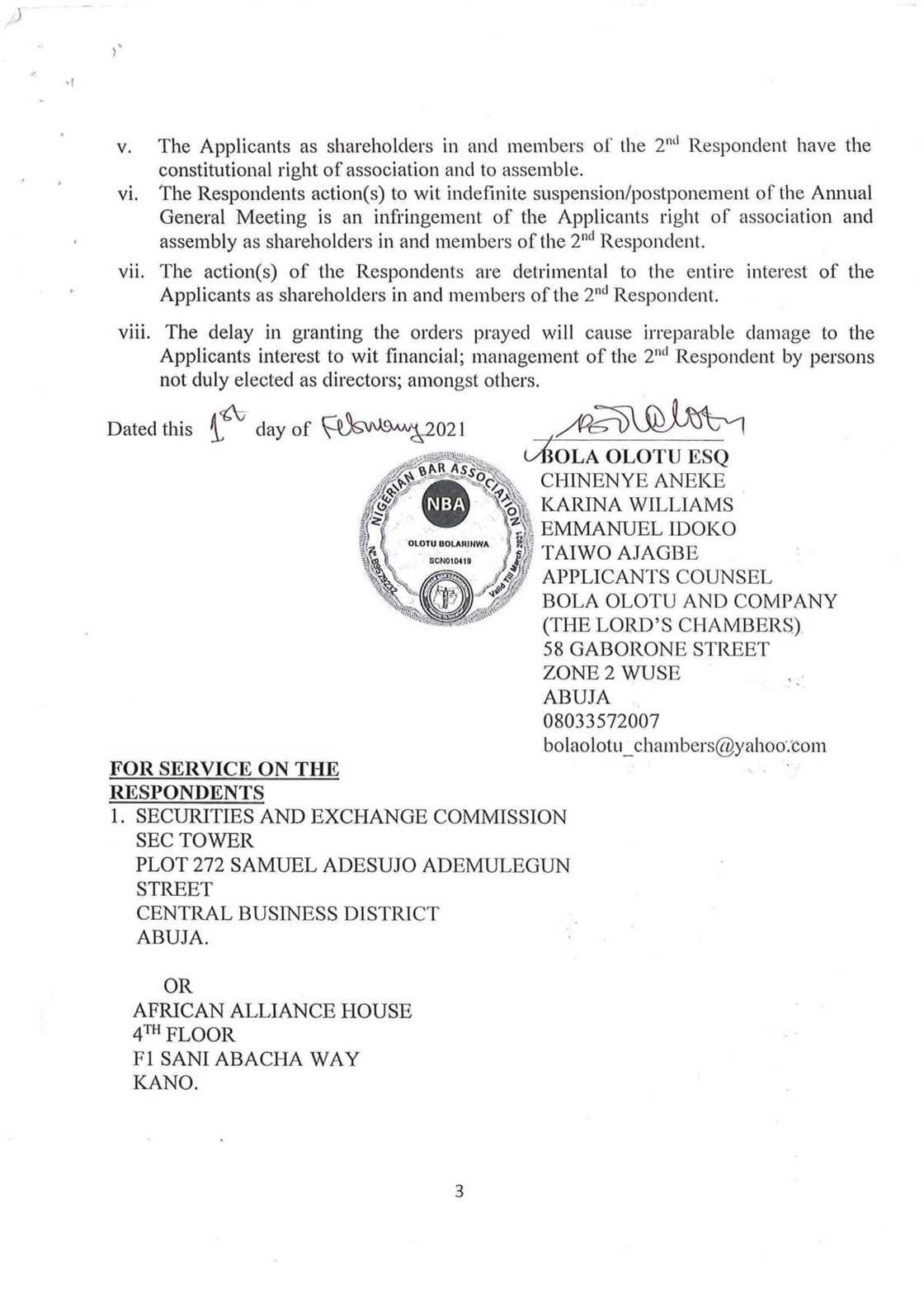 Oando shareholders have taken SEC to court to challenge penalties against Oando in May 31st letter Oando shareholders have taken SEC to court to challenge penalties against Oando in May 31st letter