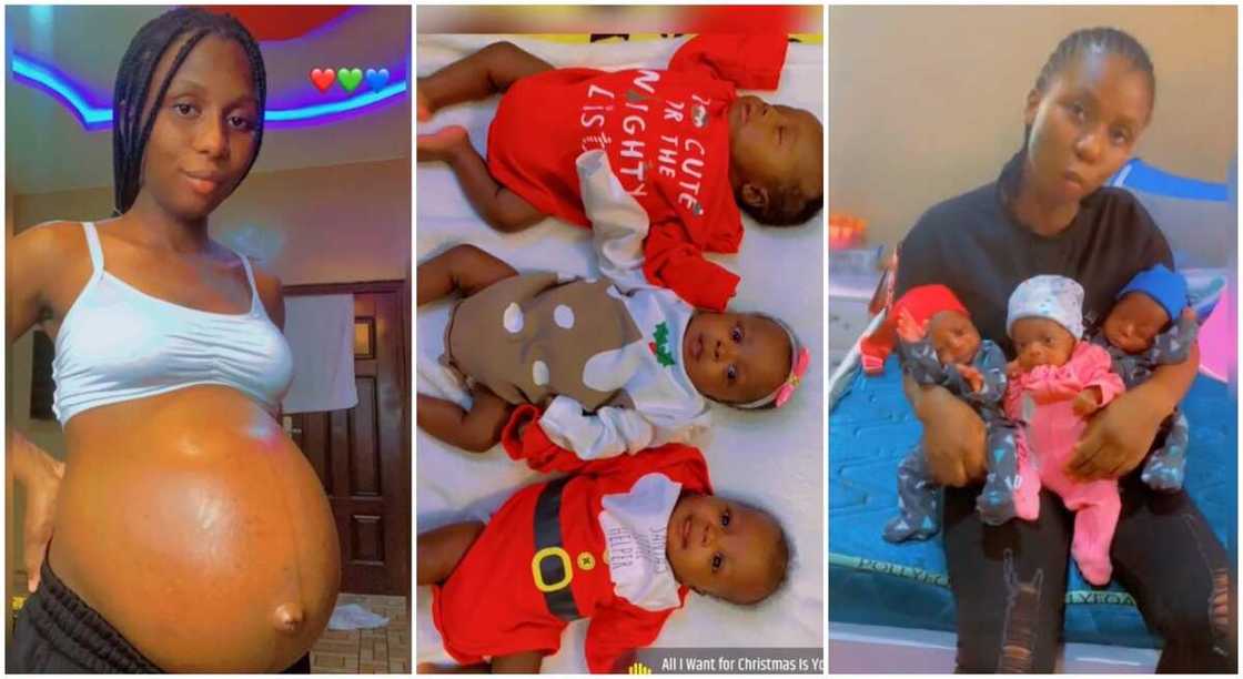 Photos of a mum showing her baby bump and her triplets. Photos of a mum showing her baby bump and her triplets.