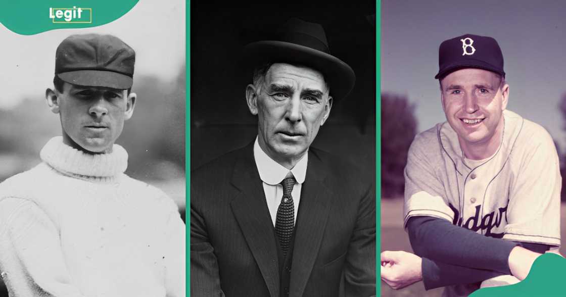 New York Giants' John McGraw (L), Philadelphia Athletics' Connie Mack (C), and Brooklyn Dodgers' Walt Alston pose in different places. New York Giants' John McGraw (L), Philadelphia Athletics' Connie Mack (C), and Brooklyn Dodgers' Walt Alston pose in different places.