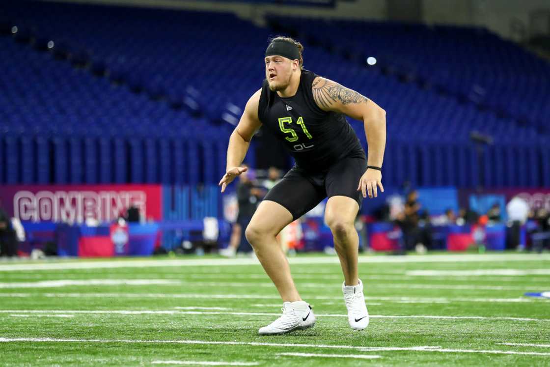 Luke Tenuta runs a drill during the NFL Combine at Lucas Oil Stadium