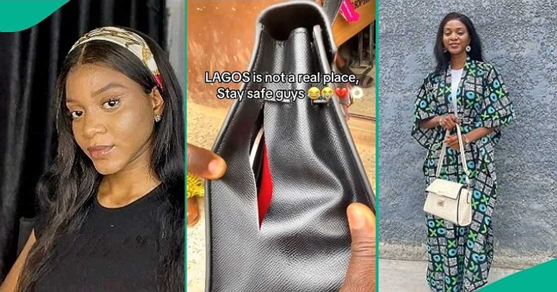 Lady displays what happened to handbag she stepped out with Lady displays what happened to handbag she stepped out with