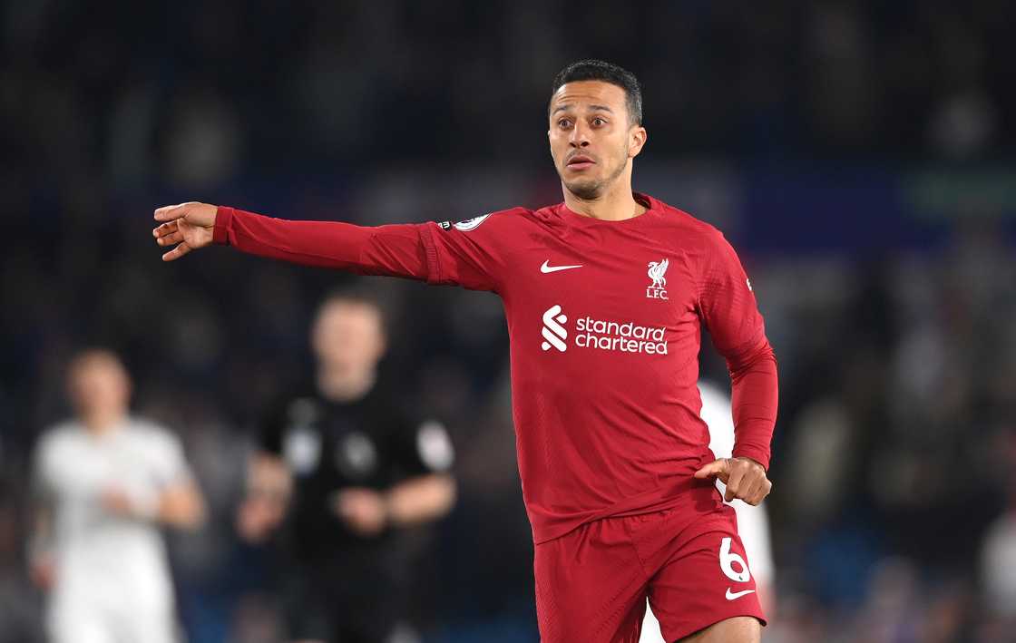 Thiago Alcantara in action during the Premier League match between Leeds United and Liverpool FC at Elland Road