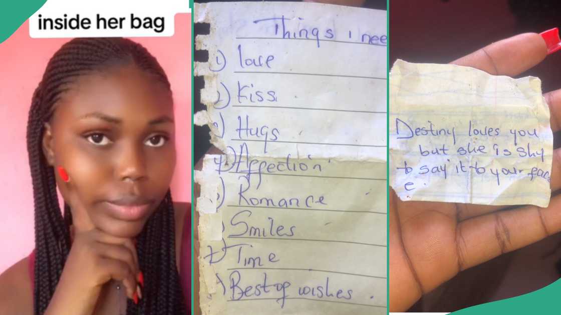 Lady shows list she saw in her sister's bag.