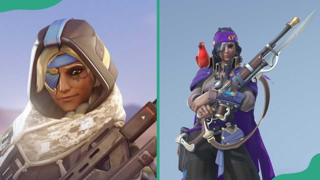 Ana with visor, rifle poised (L). Ana in a purple outlaw (R). Ana with visor, rifle poised (L). Ana in a purple outlaw (R).