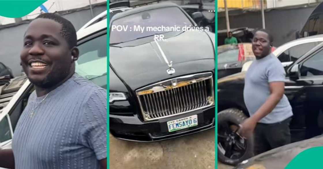 Man in awe after seeing the kind of car his mechanic was driving.