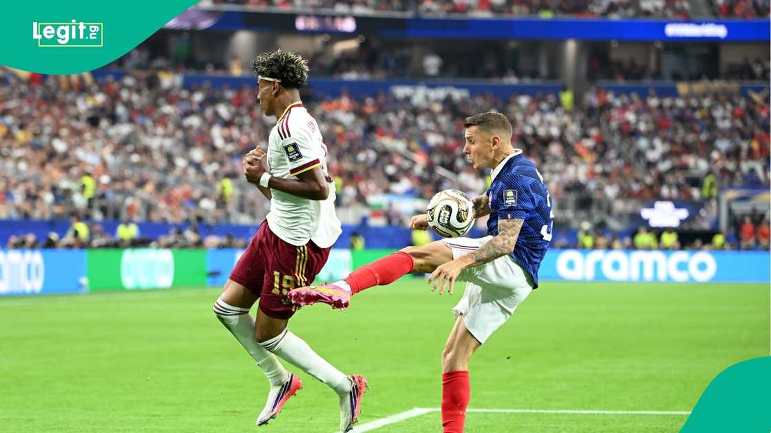 Lucas Digne, Lamine Yamal, FIFA, World Cup, France, Spain, Dallas Stadium, Texas. Lucas Digne, Lamine Yamal, FIFA, World Cup, France, Spain, Dallas Stadium, Texas.