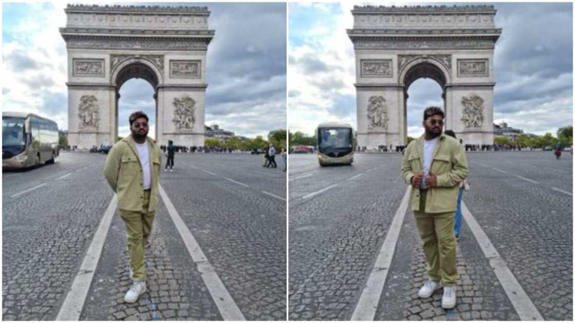 Man in NYSC uniform/posing in khaki while in Paris.