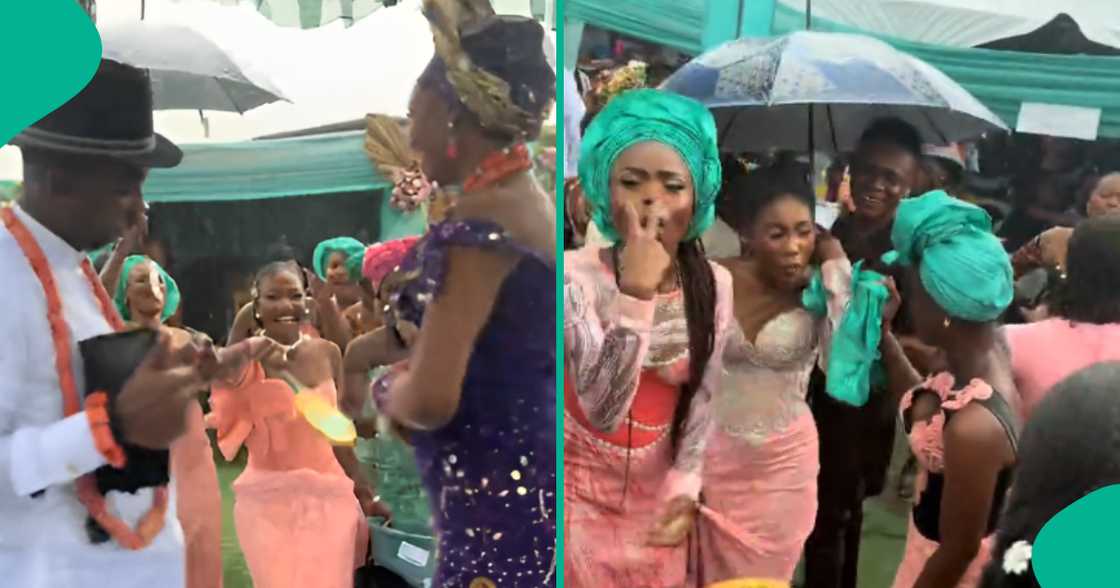 Mixed reactions as bride's former classmates dance under rain at her traditional wedding, video melts hearts