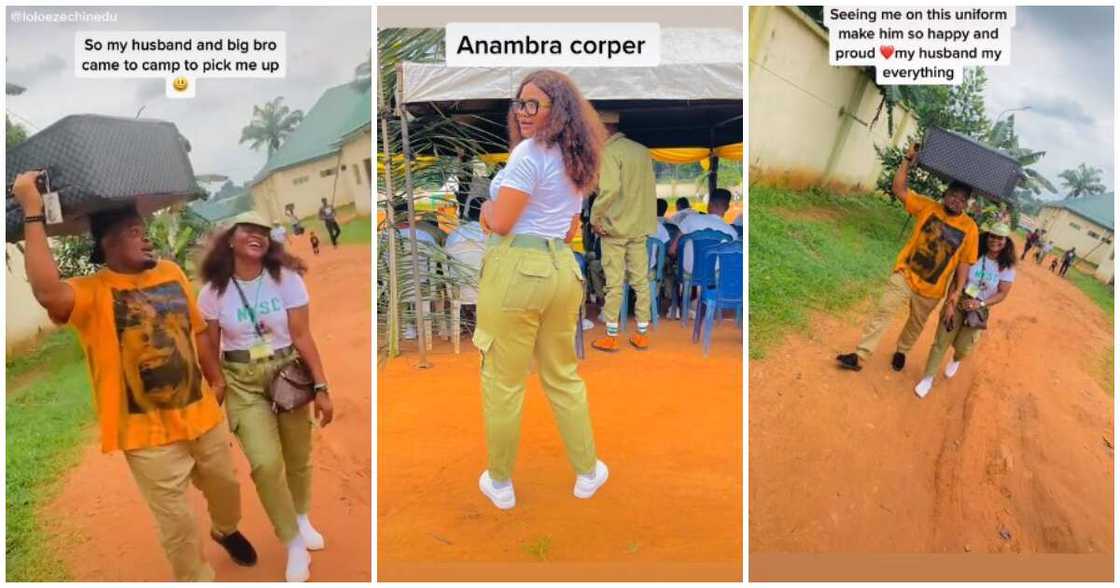 Anambra corper, NYSC POP, man carries wife's bag on head, man storms NYSC camp Anambra corper, NYSC POP, man carries wife's bag on head, man storms NYSC camp