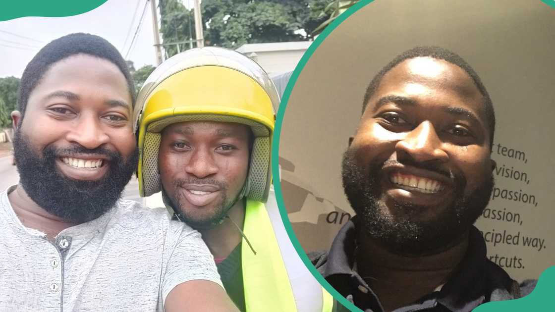 Ridwan Olalere taking a cheerful selfie with an ORide driver (L). Olalere smiling indoors (R) Ridwan Olalere taking a cheerful selfie with an ORide driver (L). Olalere smiling indoors (R)