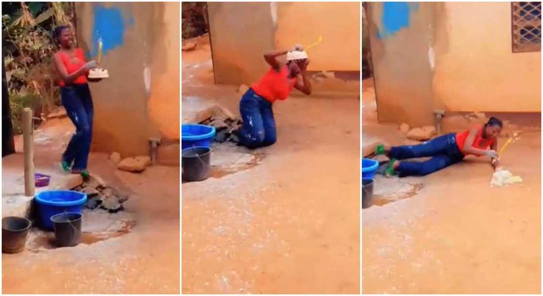 Photos of a lady who fell with cake in her hands. Photos of a lady who fell with cake in her hands.
