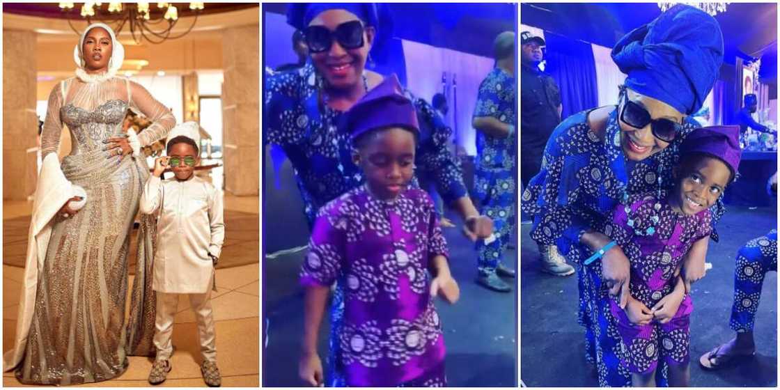 Little Jamal rains money on Mum Tiwa Savage at grandpa’s funeral.