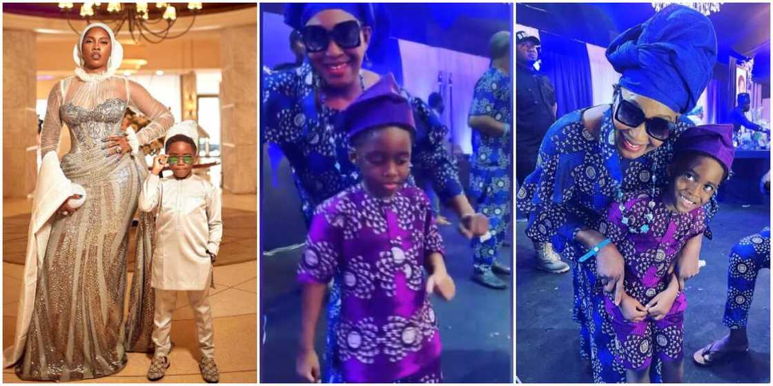 Little Jamal rains money on Mum Tiwa Savage at grandpa’s funeral. Little Jamal rains money on Mum Tiwa Savage at grandpa’s funeral.