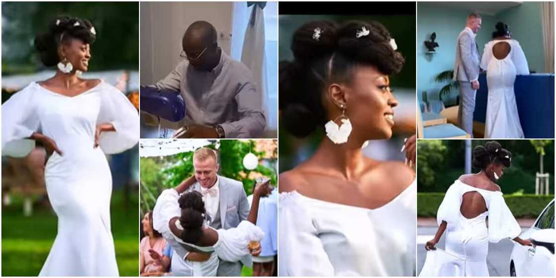 The beautiful bride's wedding gown was sewn by her father The beautiful bride's wedding gown was sewn by her father