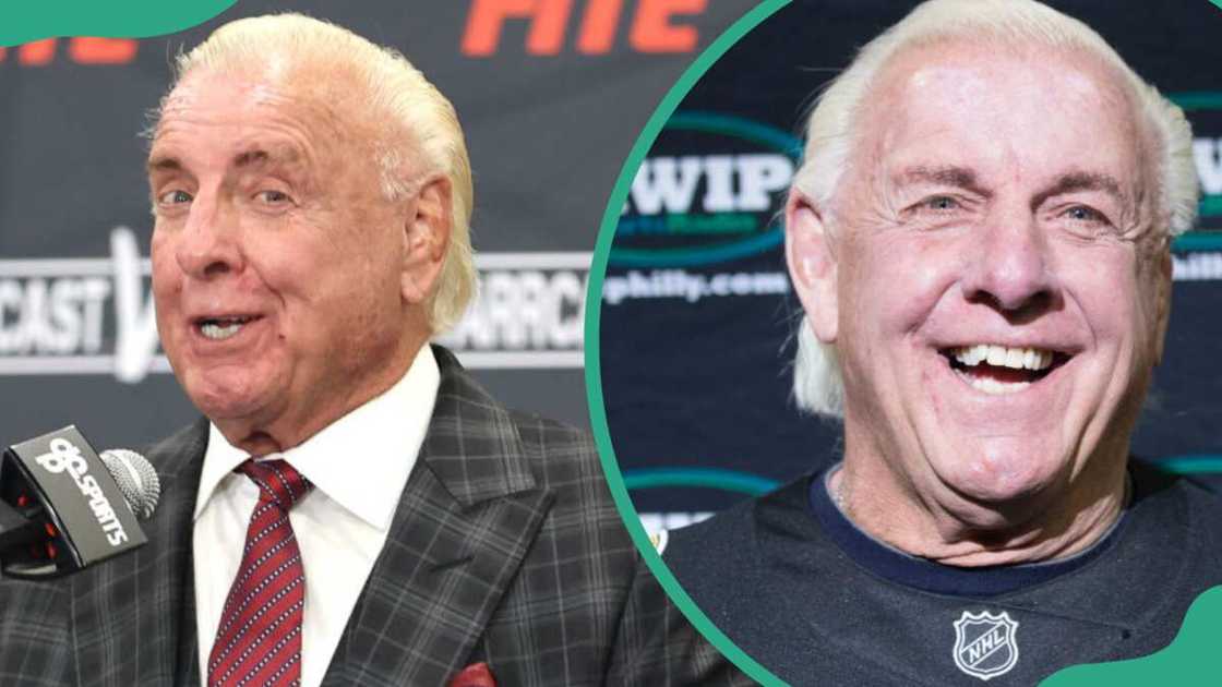 Ric Flair at a press conference in Music City at Nashville Fairgrounds (L). Flair smiles before the start of Wing Bowl 25 (R)