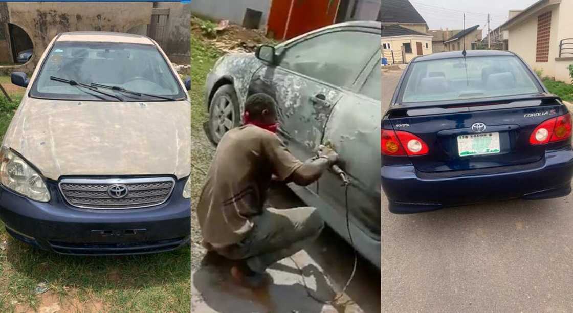 Photos of a man rebuilding an old Toyota Camry car. Photos of a man rebuilding an old Toyota Camry car.