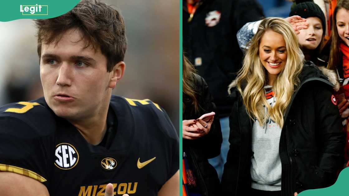 Split image of a football player in a black Mizzou jersey and a blonde woman in a black coat among fans.