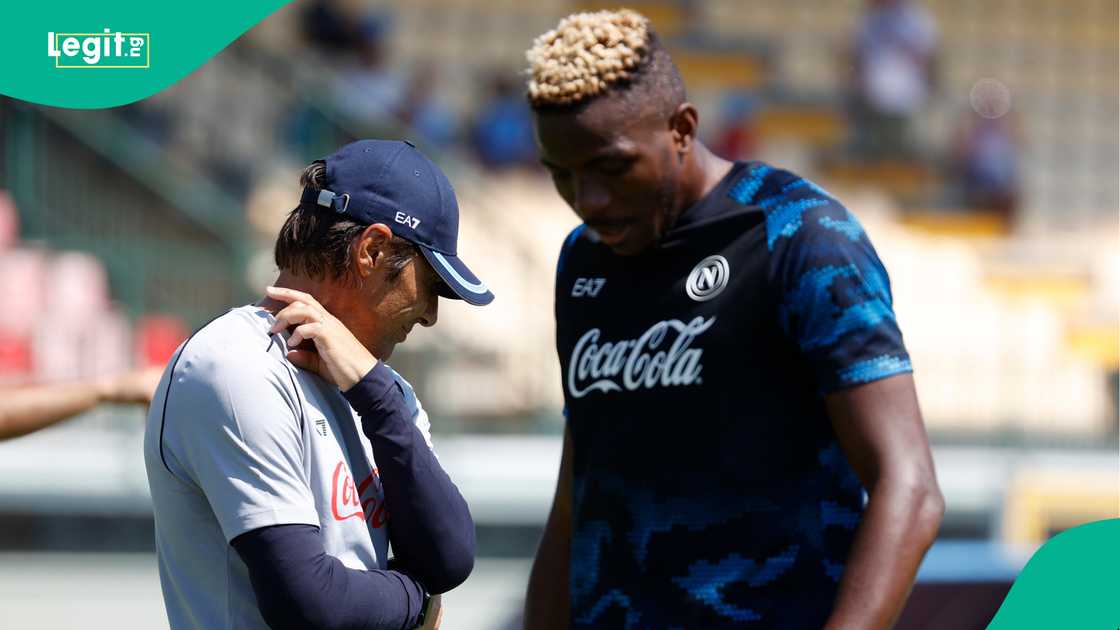 Victor Osimhen, Antonio Conte, Napoli, Stadio Patini, Castel di Sangros, Naples, Italy. Victor Osimhen, Antonio Conte, Napoli, Stadio Patini, Castel di Sangros, Naples, Italy.