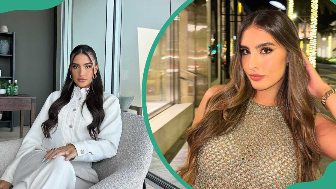 Sophia Kylie Umansky sitting on a grey chair next to a window (L). The realtor wearing a gold top in a street illuminated with lights (R). Sophia Kylie Umansky sitting on a grey chair next to a window (L). The realtor wearing a gold top in a street illuminated with lights (R).