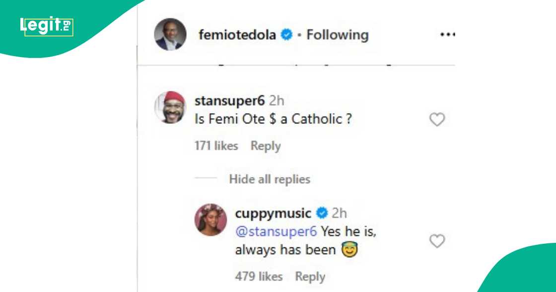 DJ Cuppy discloses her father and billionaire Femi Otedola is a Catholic. DJ Cuppy discloses her father and billionaire Femi Otedola is a Catholic.