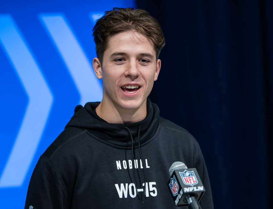 Luke McCaffrey at Lucas Oil Stadium on 1 March 2024 in Indianapolis, Indiana.