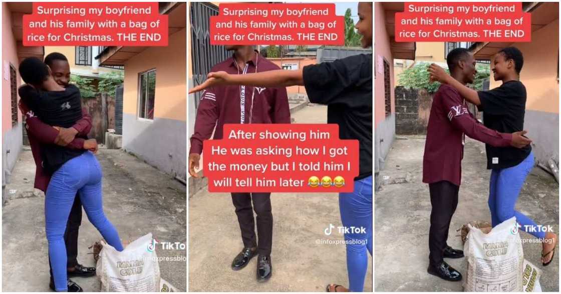 Young lady surprises boyfriend with bag of rice, bag of rice, Nigerian lady gifts boyfriend a bag of rice, Christmas Young lady surprises boyfriend with bag of rice, bag of rice, Nigerian lady gifts boyfriend a bag of rice, Christmas