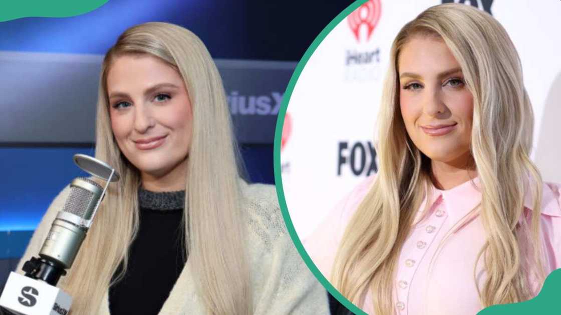 Meghan Trainor visits the SiriusXM Studios (L). Trainor attends the 2024 iHeartRadio Music Awards (R)