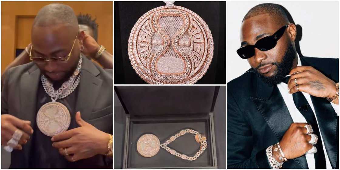 Davido wearing his customized Timeless diamond neckpiece, Davido's daimond Timeless pendant, Davido Davido wearing his customized Timeless diamond neckpiece, Davido's daimond Timeless pendant, Davido
