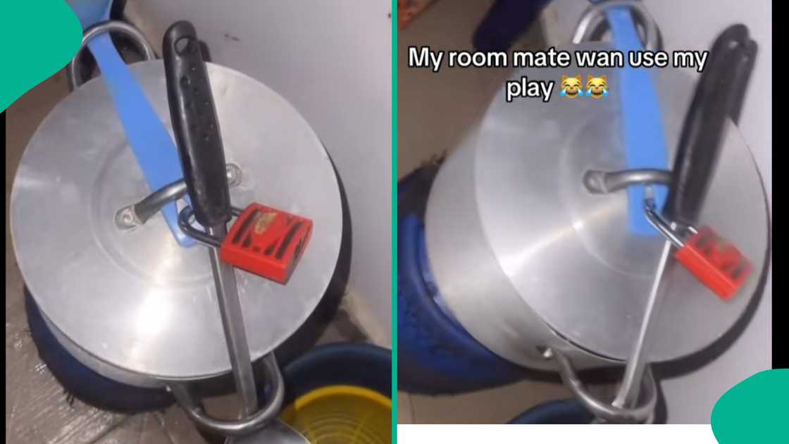 Lady locks her food pot with padlock. Lady locks her food pot with padlock.