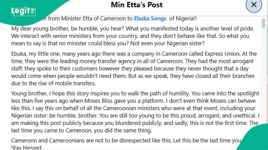 Cameroonian gospel singer pens open letter to Ebuka Songs after performance. Cameroonian gospel singer pens open letter to Ebuka Songs after performance.