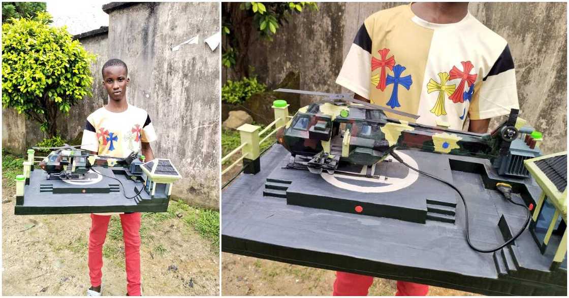 Divine Solomon, helicopter in a helipad replica artwork, hawking in Calabar, artwok, talented schoolboy Divine Solomon, helicopter in a helipad replica artwork, hawking in Calabar, artwok, talented schoolboy